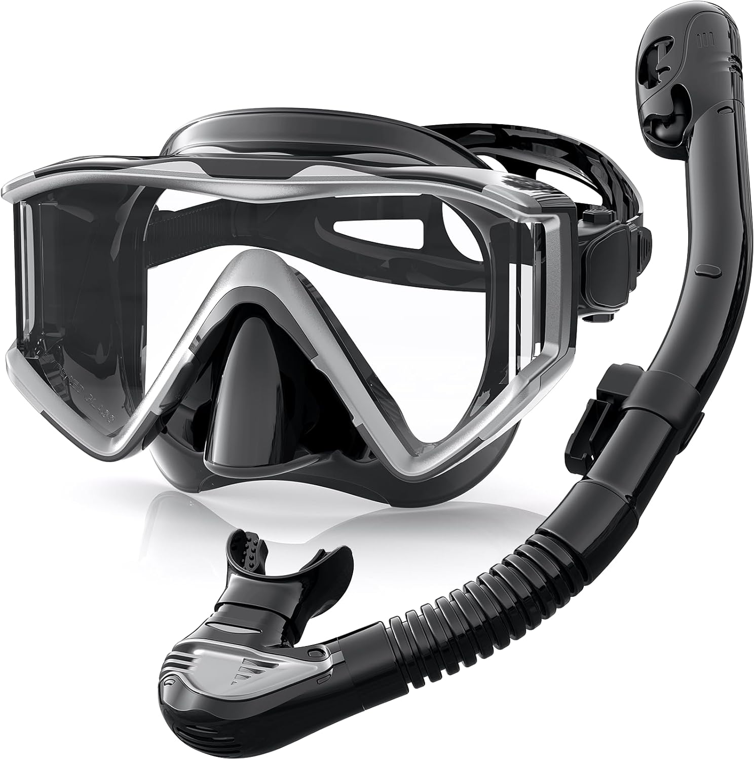 Greatever Snorkel Set Pano 3 Window Snorkel Mask Adult, Panoramic Wide View, Anti-Fog Scuba Diving Mask, Anti-Leak Snorkel Goggles Dry Top Snorkel, Professional Snorkeling Gear for Adults Black Silver