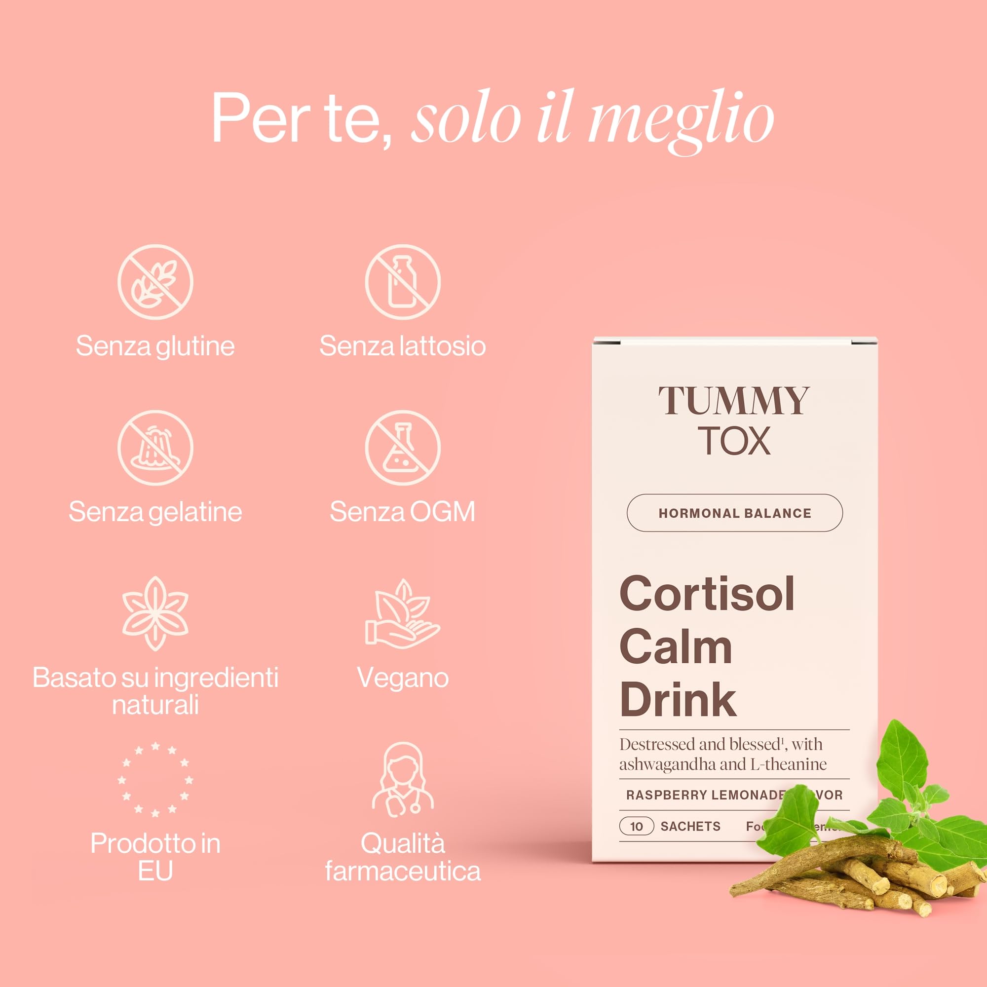 Cortisol Calm Drink con Ashwagandha KSM-66, L-Teanina, Tè Verde, Magnesio, Integratore per abbassare il cortisolo, 30 bustine, Tummy Tox