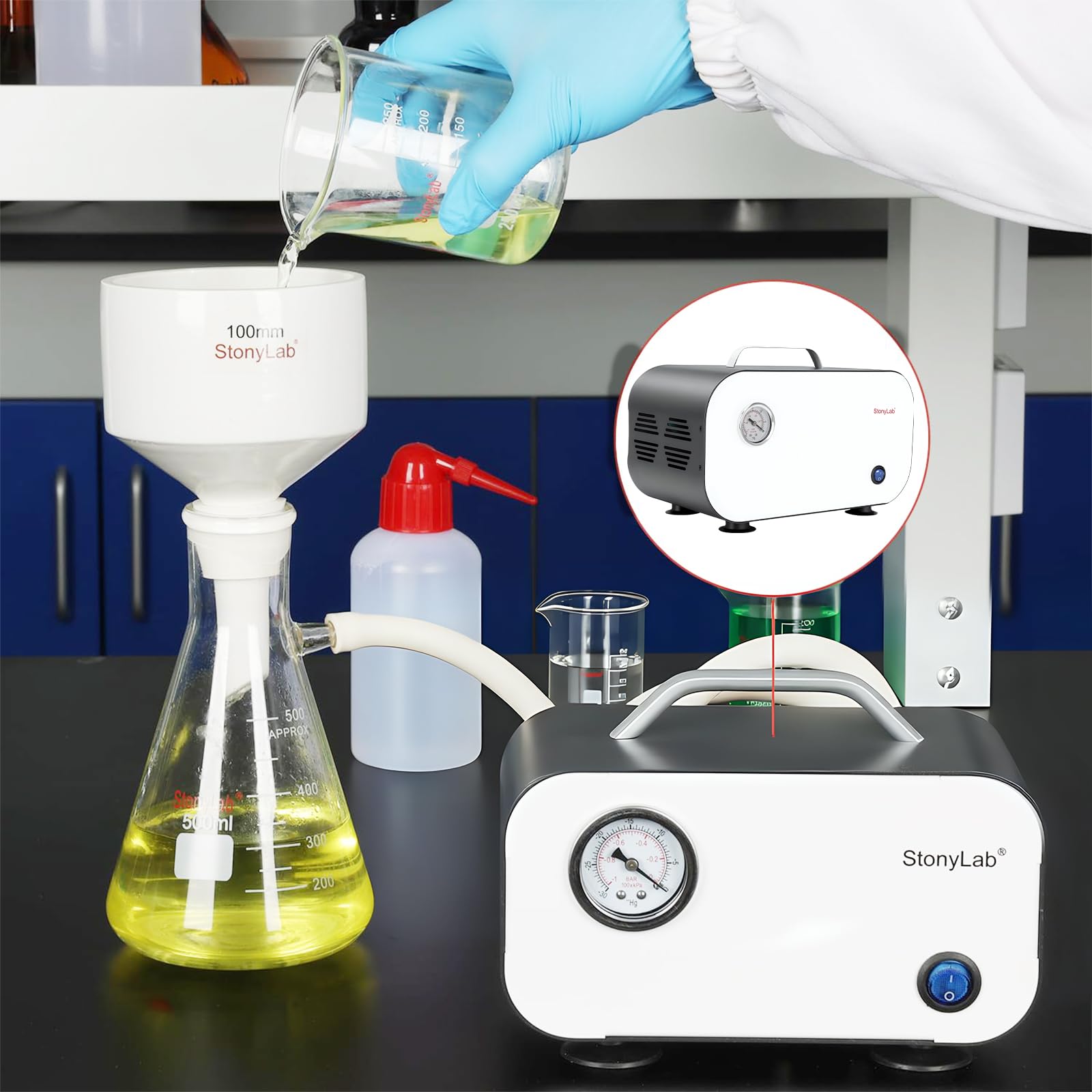 stonylab Membran-Vakuumpumpe, kompakte ölfreie Vakuumpumpe Druckpumpe mit 40 L/min Saugvermögen für Filtration Destillation Laborarbeit, 110-220V
