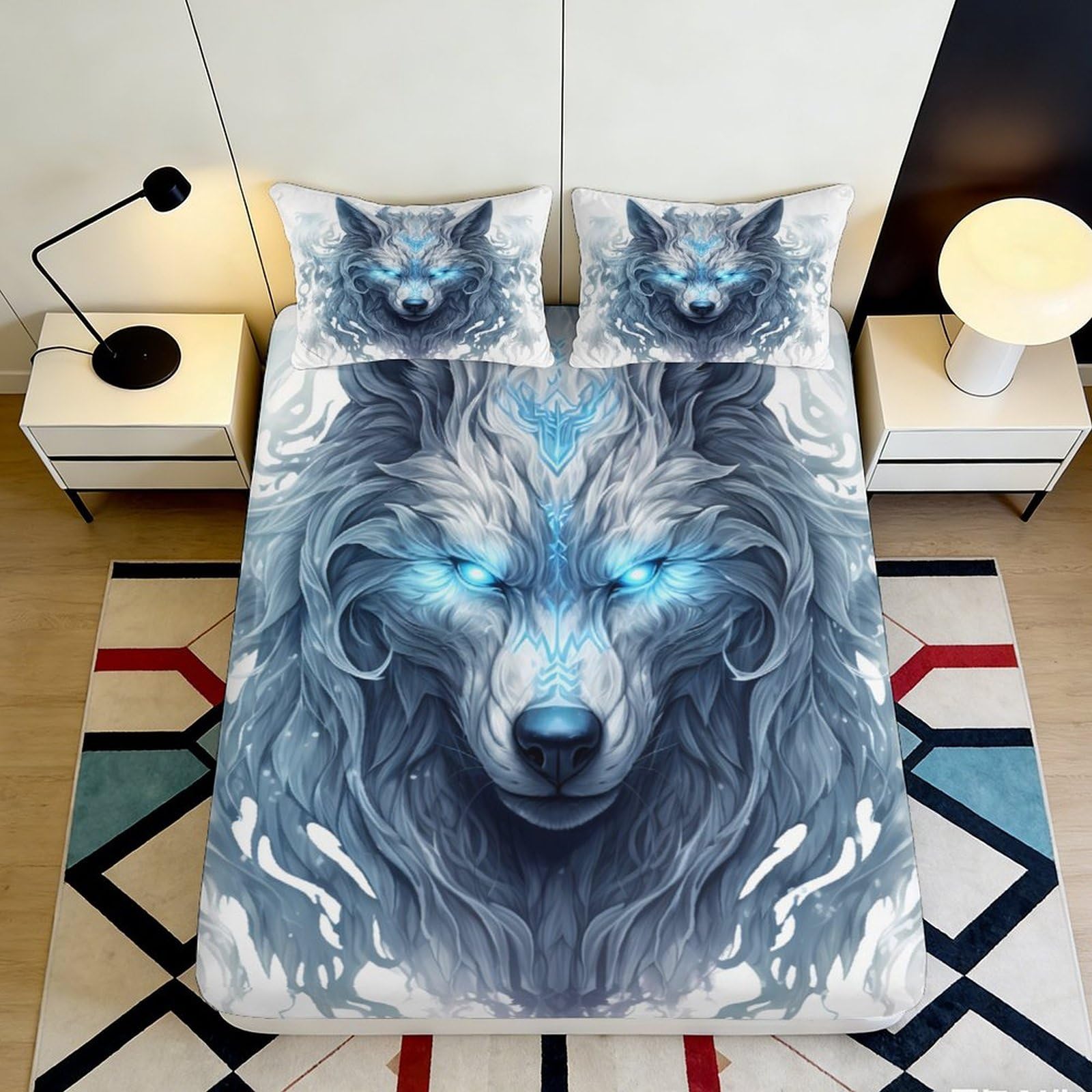 3D Printed Mystic Wolf Fitted Sheet Microfiber Soft Durable Blue Glow Bed Cover for Bedroom Dormitory Guest Room Mattress Protection 180x200x25cm