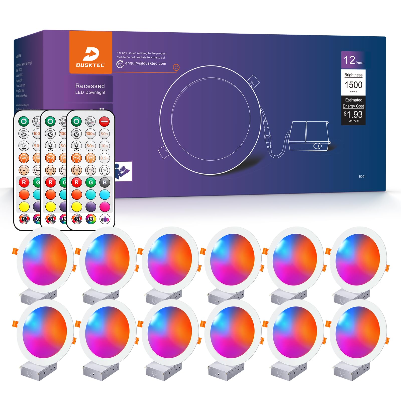 DUSKTEC Recessed Lighting 6 Inch RGBCW Color Changing 16W 1500