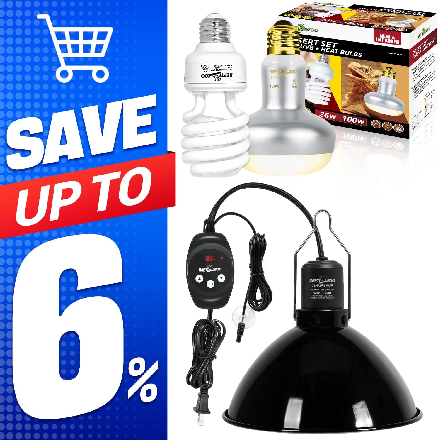 REPTI ZOO Reptile Light Fixture with Dimming Thermostat 8.5 Inch Deep Dome Lamp Fixture with Heat Bulb Temperature Controller & 100W Intense Basking Spot Light UVB 10.0 Reptile Light Combo Pack
