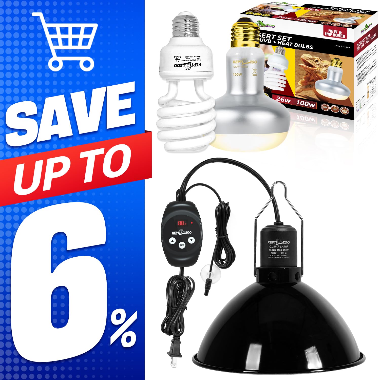 REPTI ZOO Reptile Light Fixture with Dimming Thermostat 8.5 Inch Deep Dome Lamp Fixture with Heat Bulb Temperature Controller & 100W Intense Basking Spot Light UVB 10.0 Reptile Light Combo Pack