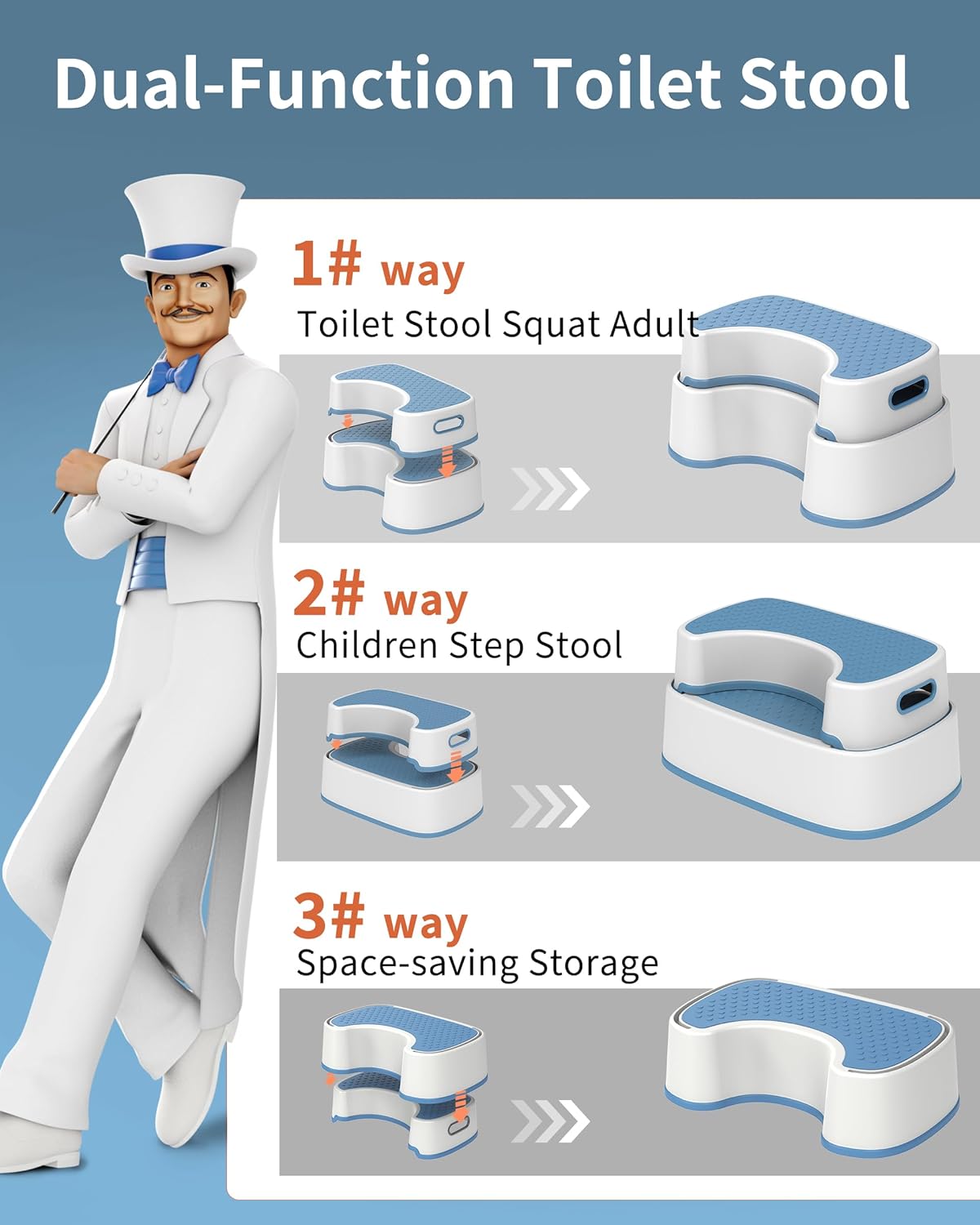 MR.SIGA Toilet Stool Squat Adult, Bathroom Stool Heavy Duty, Anti Slip Toilet Step for Bathroom, Toddler Step Stool for Kids, White & Grayish Blue