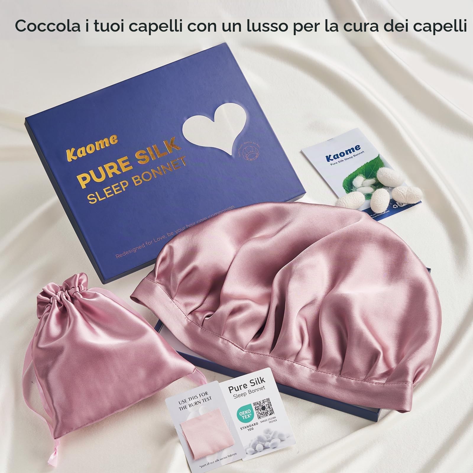 Kaome Berretto da Notte in Seta 22 Momme 100% Seta di Gelso, Berretto per Capelli Regolabile Doppia Faccia, per Capelli Ricci e Lunghi, Morbido e Antiscivolo, Traspirante con Sacchetto