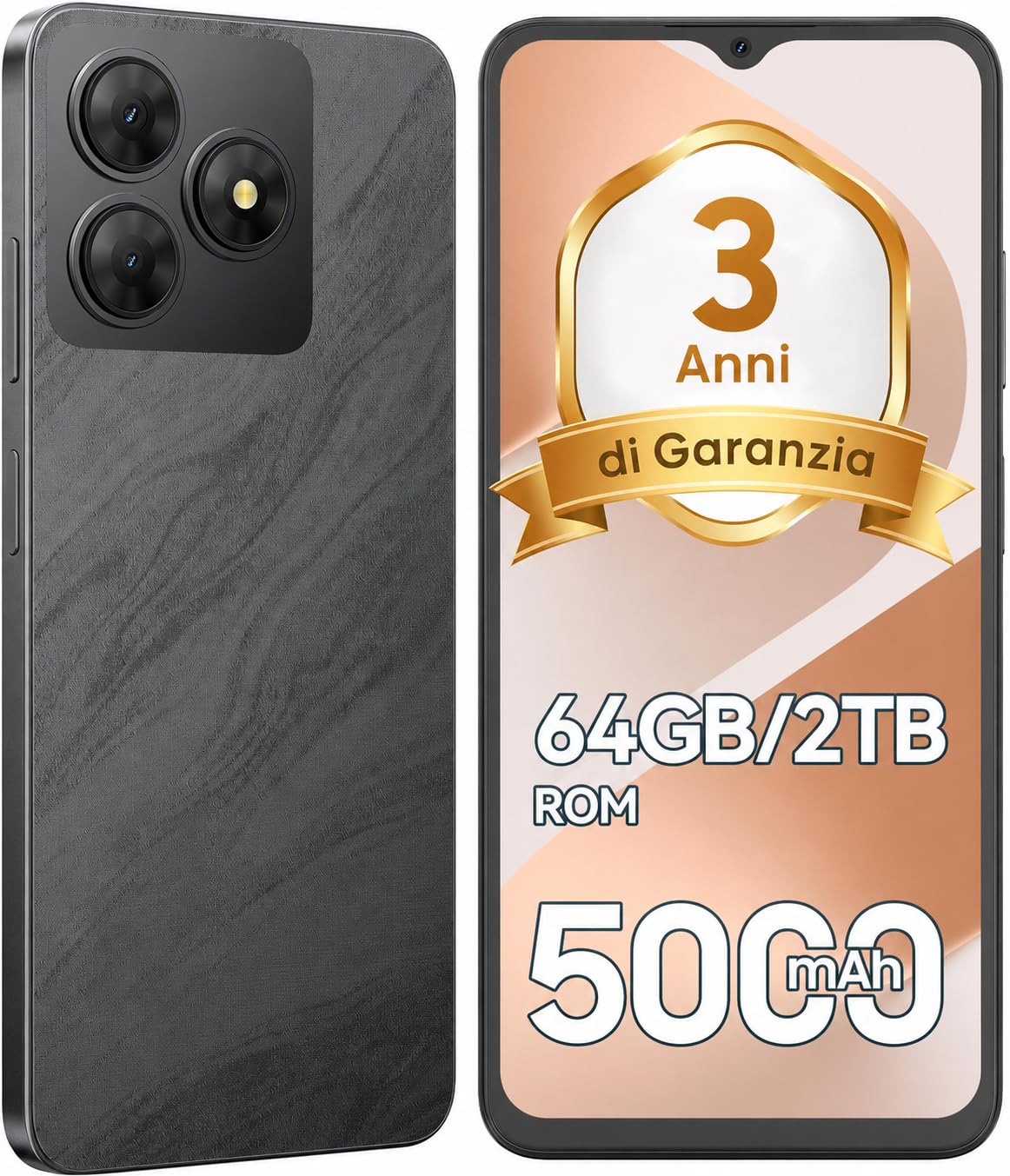 Smartphone Offerta Android, Batteria 5000mAh Telefono Cellulare, Smartphone 6.56 Pollici HD+, 6GB+64GB/TF 2TB Cellulari, Fotocamera 13MP+8MP, Telefoni 4G Dual SIM, Face ID/GPS, Garanzia 3 Anni, Nero