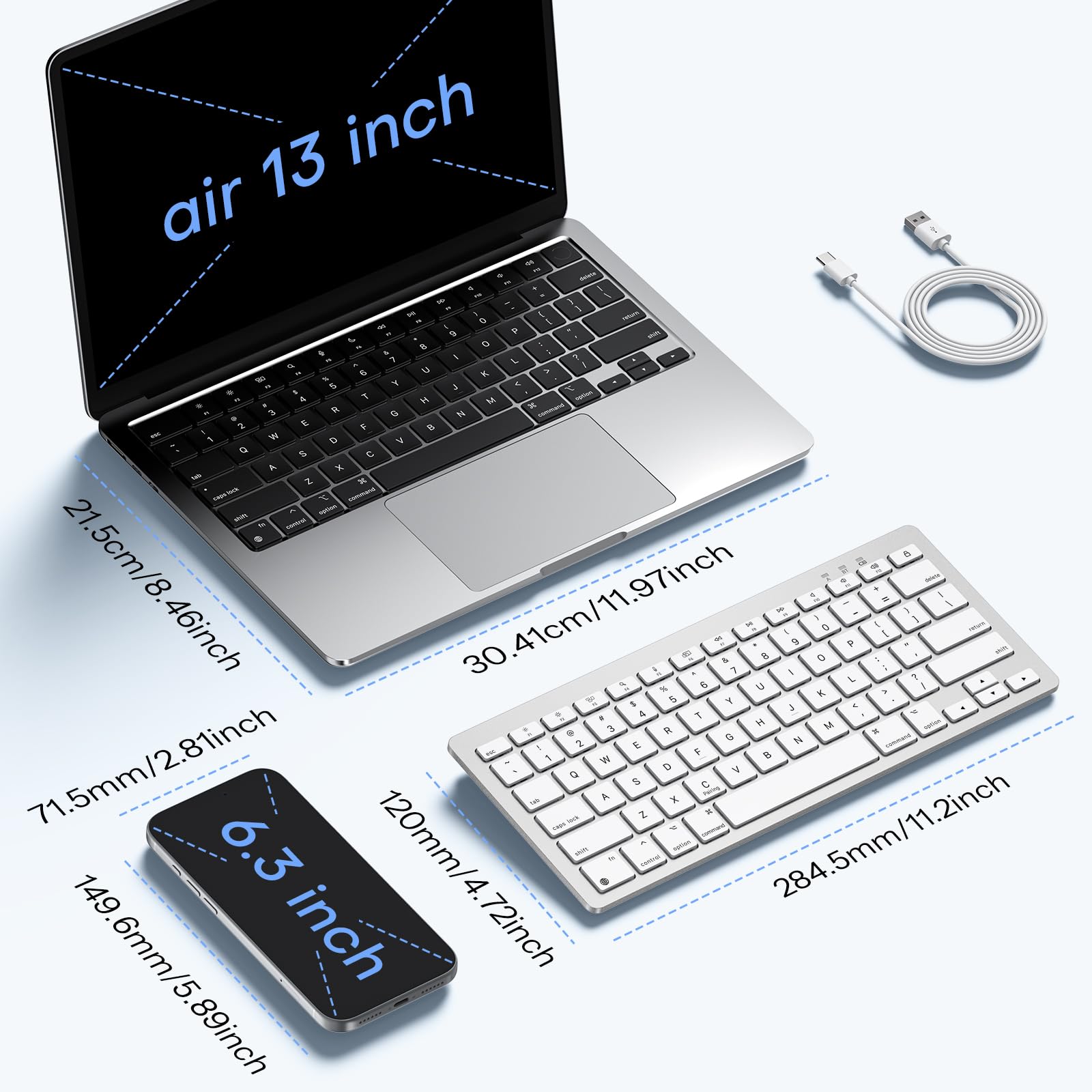 OMOTON Rechargeable Keyboard for Mac, mini Compact Wireless (No Numeric Pad), Stable Bluetooth Connection, Ergonomic Design, Keyboard Compatible with MacBook/iMac/Mac mini - Silverwhite — view 3