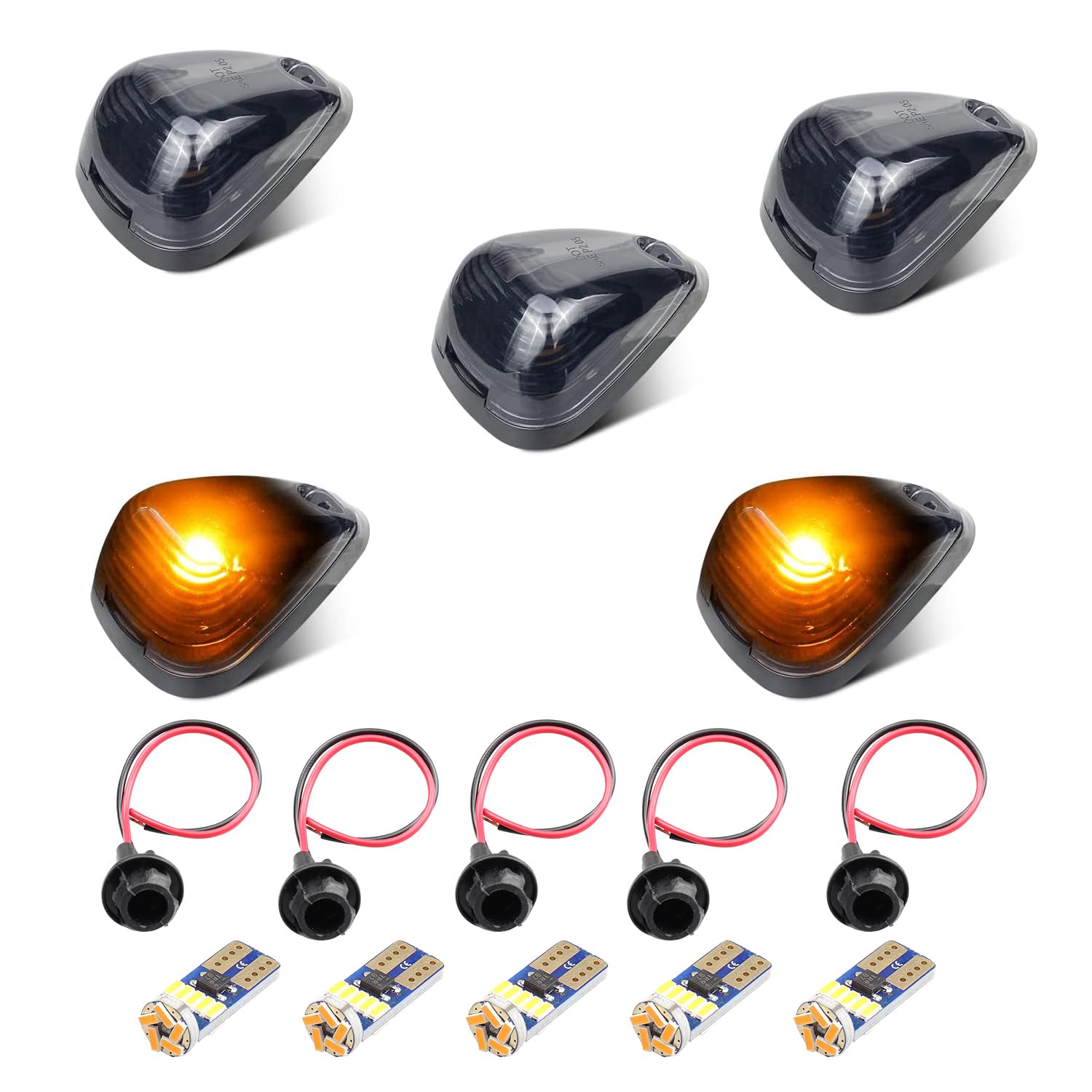LIUJJYH LED Cab Lights Smoked Lens Roof Top Clearance Marker Lights with Amber T10 Bulbs Base Wiring Harness Sockets Compatible with F-o-r-d F150 F250 F550 F350 F450 Super Duty