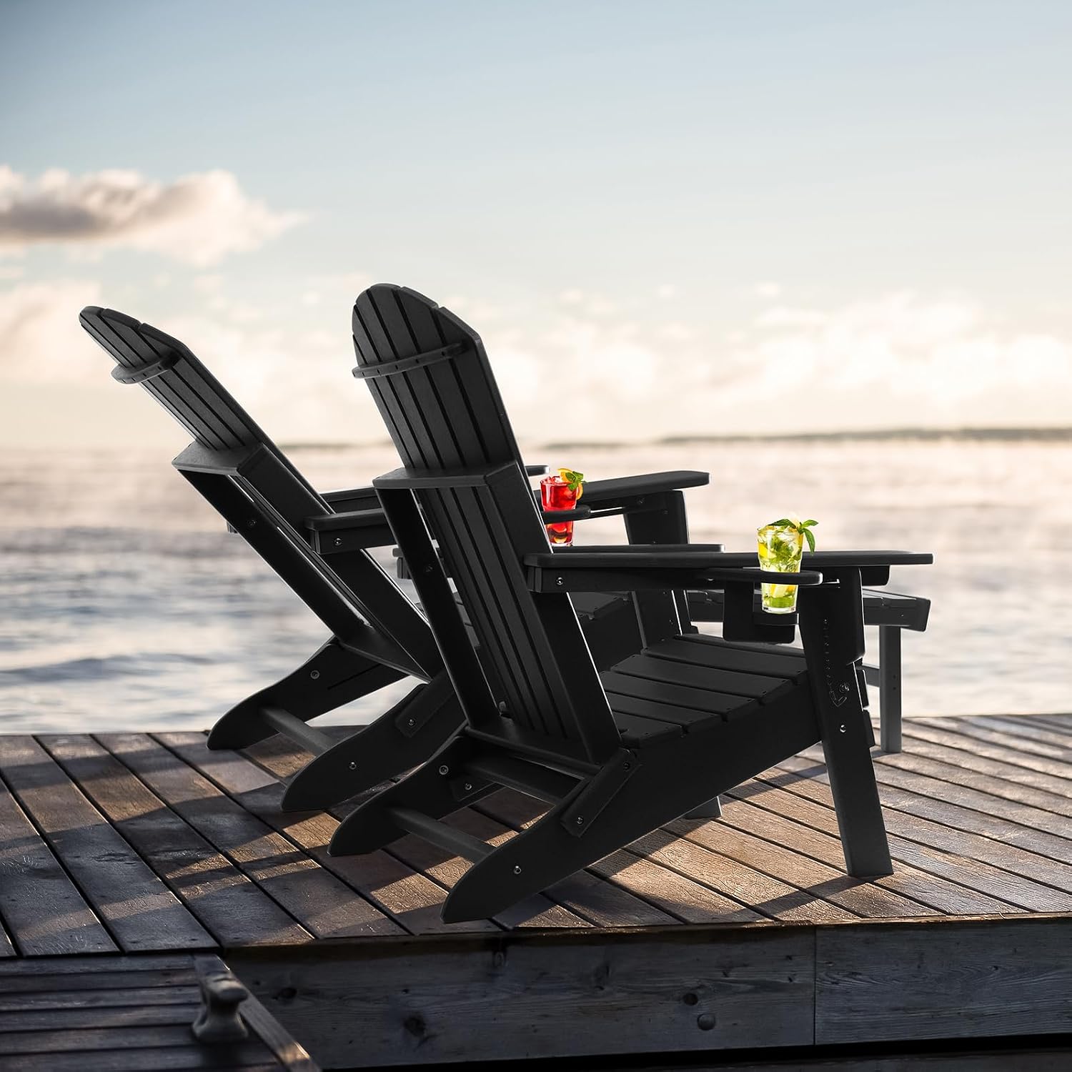 FUNBERRY Adjustable Folding Adirondack Chairs Set of 4 with Retractable Ottoman, All Weather Fire Pit Chairs with Cup Holder
