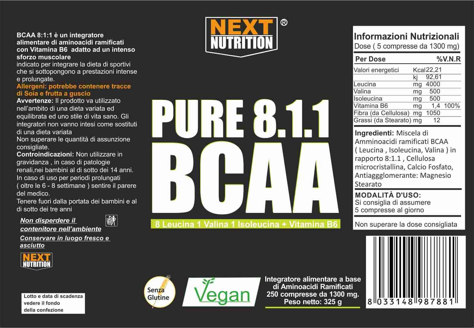 BCAA 8:1:1 1000 compresse 1300MG Next Nutrition Integratore di Aminoacidi Ramificati 811 + Vitamina B6 Alto Dosaggio di Leucina GLUTEN FREE SENZA LATTOSIO Aumento Massa Muscolare Favorisce il Recupero