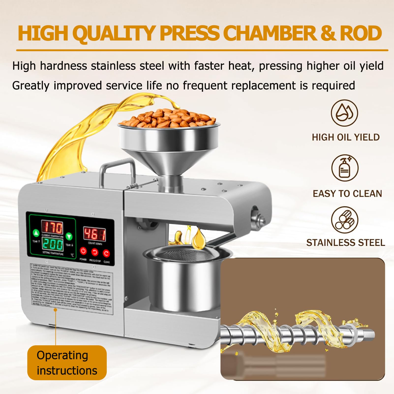 Extractor de Aceite de Acero Inoxidable de 820 W, Máquina automática de prensado de aceite, Prensa de Aceite eléctrica, Prensa en Frío y caliente para Cacahuetes, Girasoles, Aceitunas, 220V