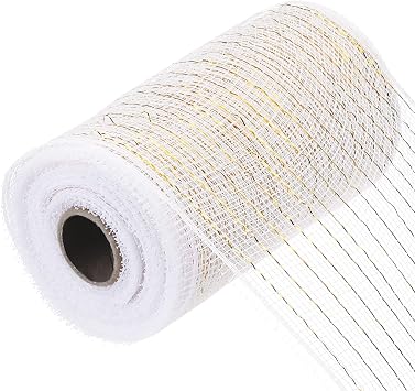MECCANIXITY 6 Inch Glitter Poly Burlap Mesh for Wreath, Decorative Mesh Fabric Ribbon 10 Yard for Fall Easter Christmas Flower Bow, White & Gold