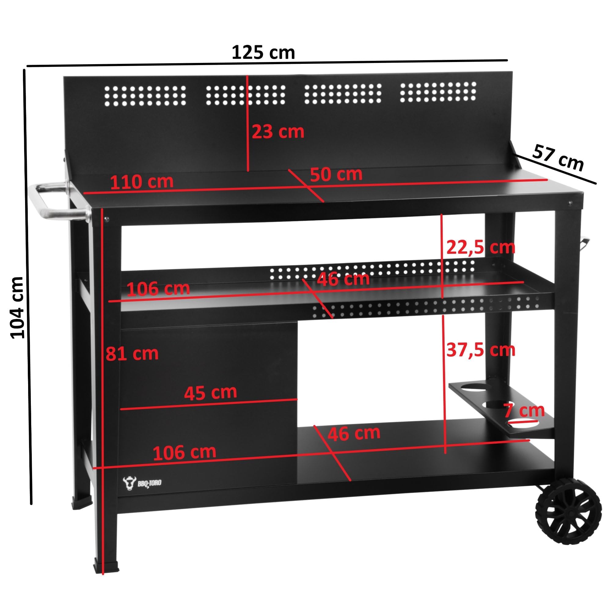 BBQ-Toro Chariot de barbecue 125 x 57 x 104 cm - Noir - Table de barbecue avec grande surface de travail - Table d'appoint de barbecue avec protection contre le vent - Chariot de barbecue d'extérieur