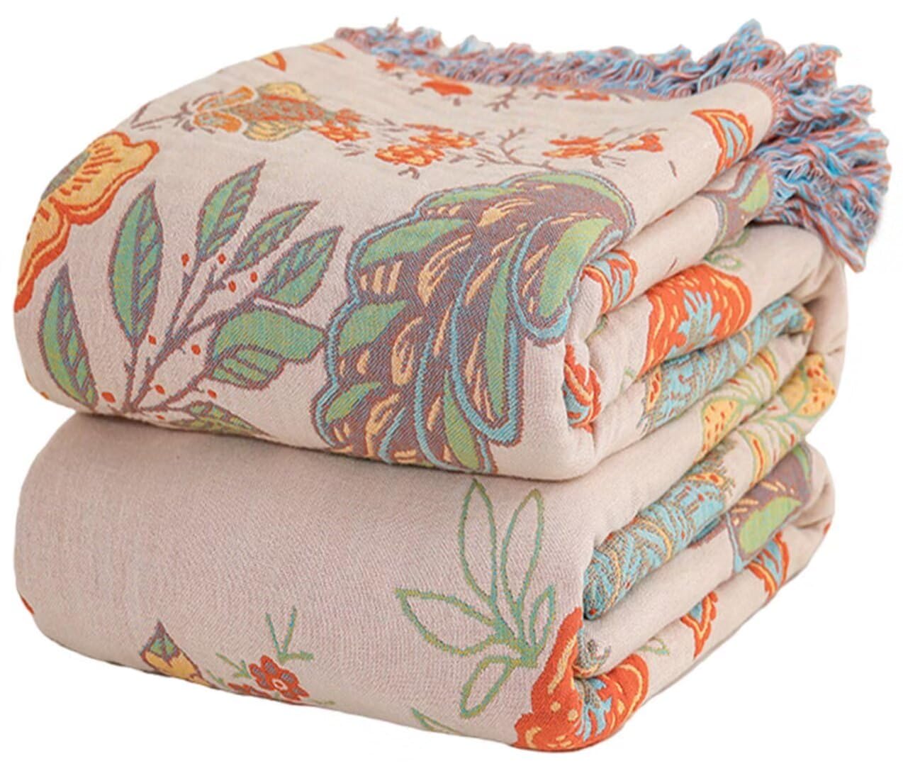 Ffdshc Queen Size Boho Throw Blankets for Bed Couch, 100% Cotton Rustic Quilt 80"x90", Beige,Lightweight Reversible Muslin Farmhouse Decor Fall Throw