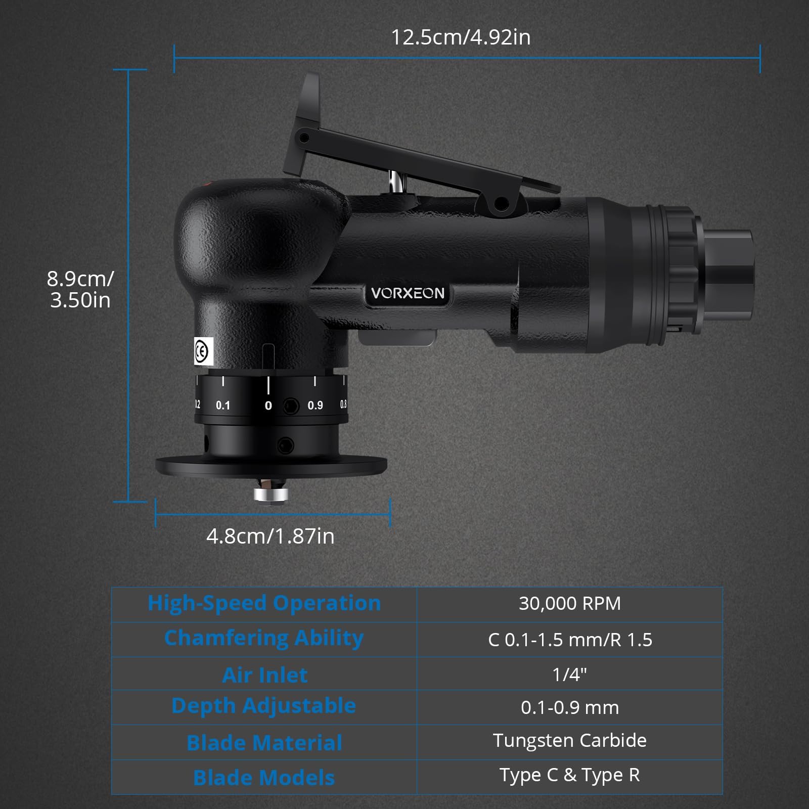 Outil de chanfreinage pneumatique 22 lames C et R Angle avec entrée d'air de 6,35 mm, outil de chanfrein d'air 30 000 tr/min, contrôle de micro-profondeur de 0,1 à 0,9 mm pour métal, bois, PVC