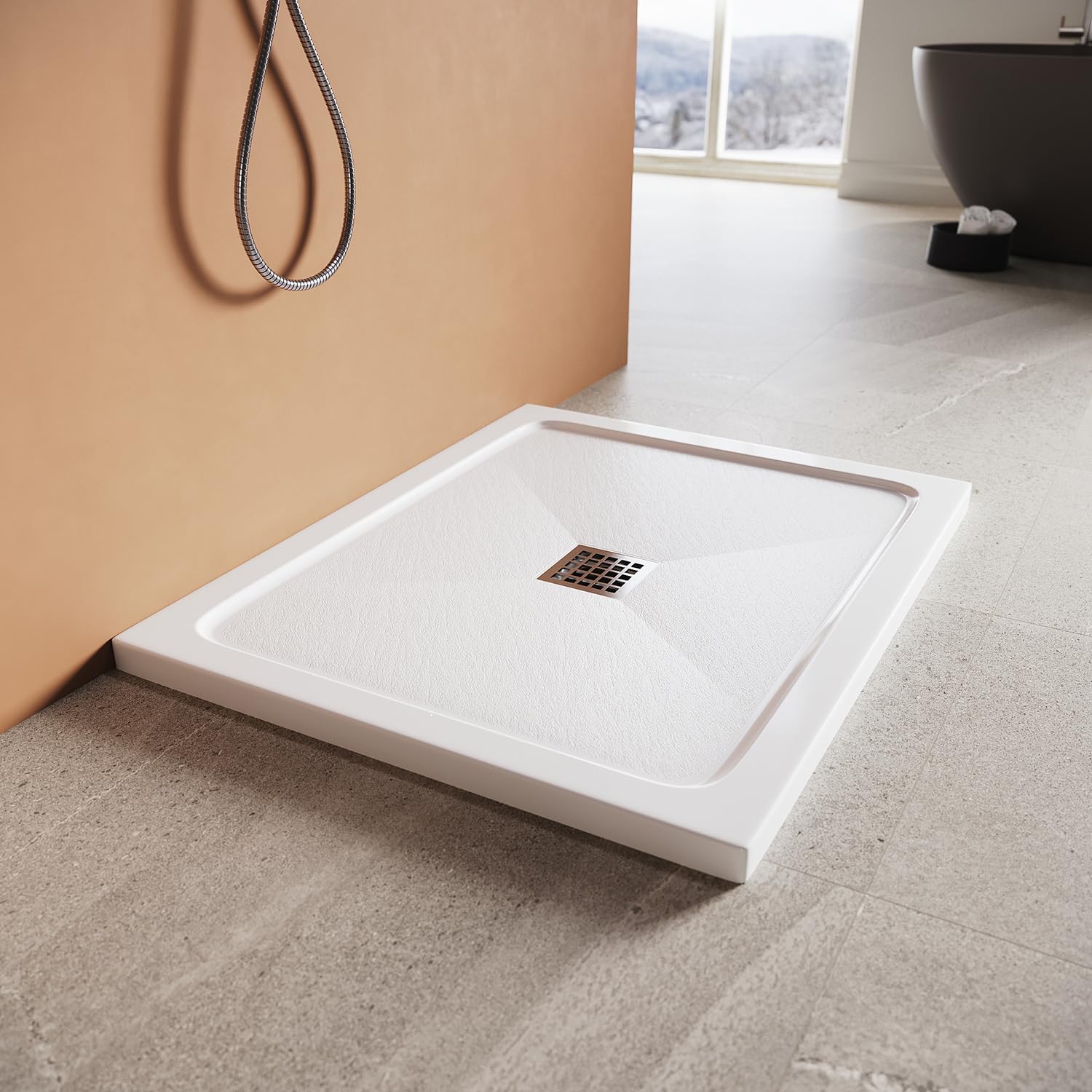 SMC Plato de ducha blanco 100 x 80 cm, con forma cuadrada, plato de ducha plano antideslizante, incluye desagüe