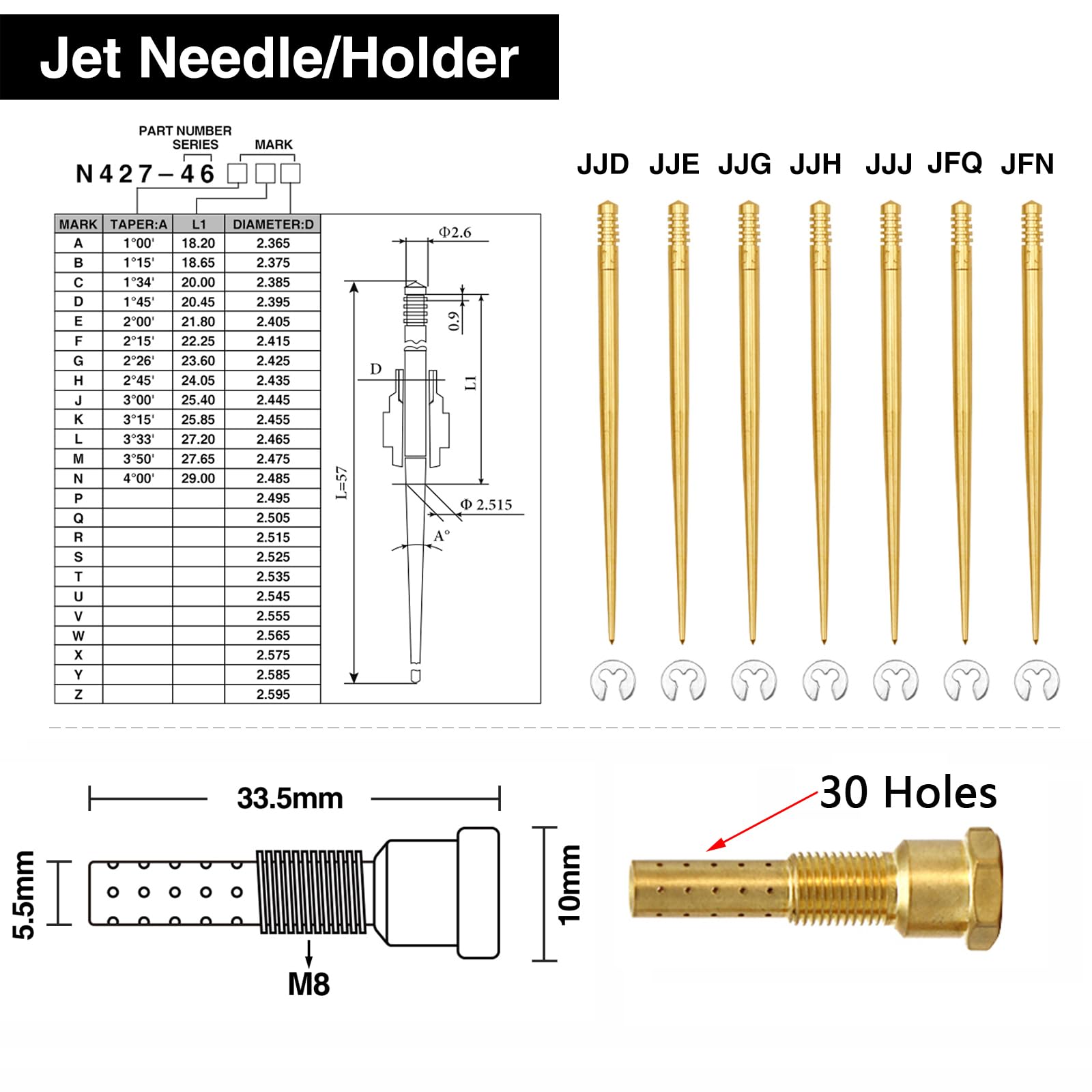 Kit 30 Getti E Aghi Per Carburatori Keihin FCR, PWK, CVK, OKO - Adatto Per Moto Honda, Yamaha, Suzuki, Kawasaki