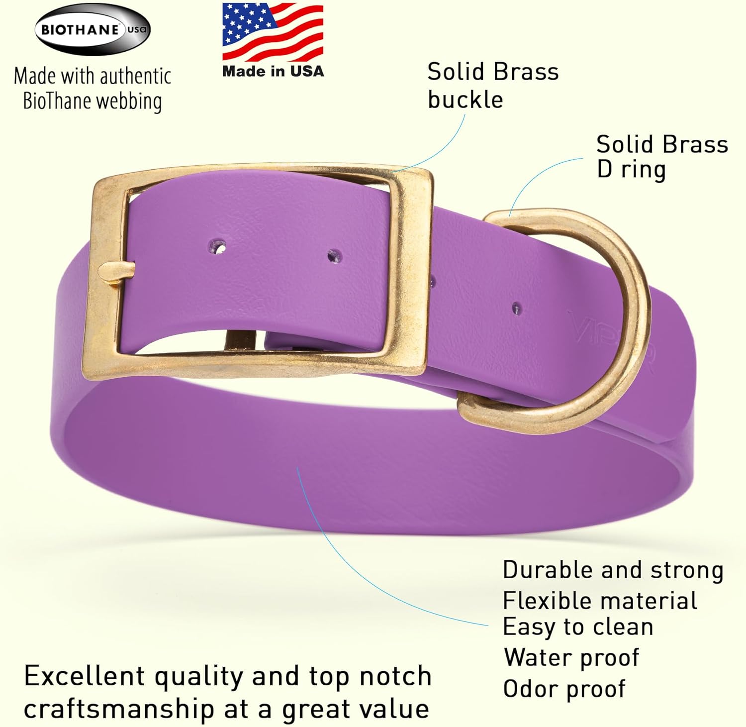 Viper Biothane Heavy Duty Waterproof Dog Collar Strong Coated Nylon Webbing w/Solid Brass Hardware Odor-Proof for Easy Care to Clean High Performance Fits Small Medium or Large Dogs, Amethyst Purple
