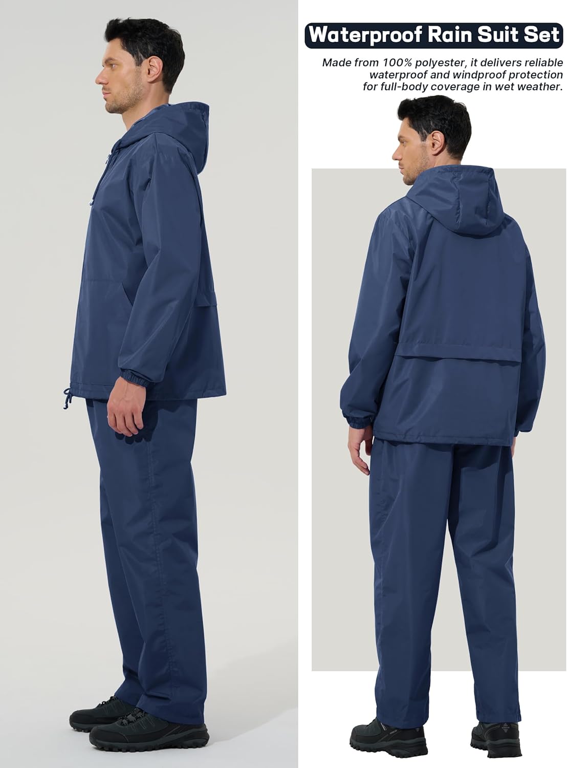 Mens Rain Suit Waterproof Rain Jacket with Rain Pants 2 Pieces Lightweight Packable Raincoat with Hood Running Cycling - Image 6