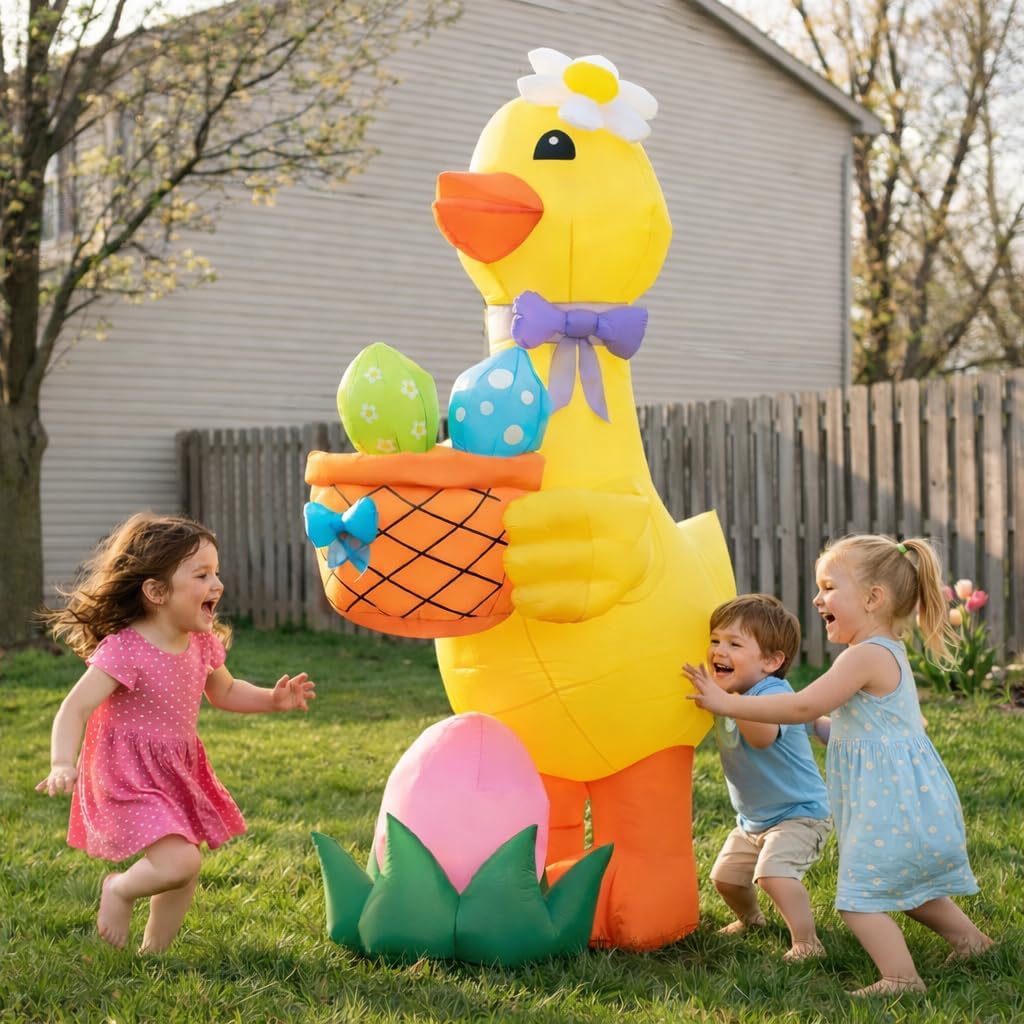6FT Easter Inflatable Goose with Basket and Egg Decorations, Built-in LED Lighted Blow Up Decoration for Home, Yard, Outdoor, Indoor, Garden, Lawn Decor