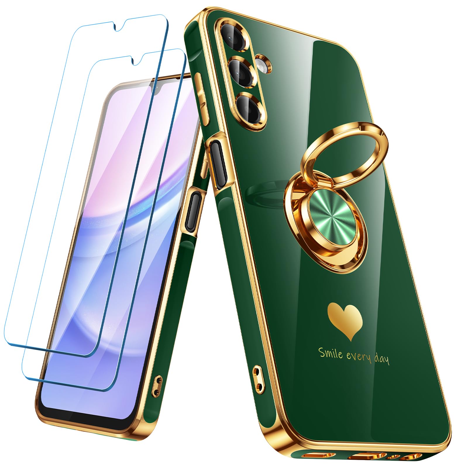 Nonional for Samsung Galaxy A15 5G Case with 2 Pack Screen Protector, 360° Rotatable Ring Holder [Luxury Hearts Pattern] Plating Gold Edge Slim Soft