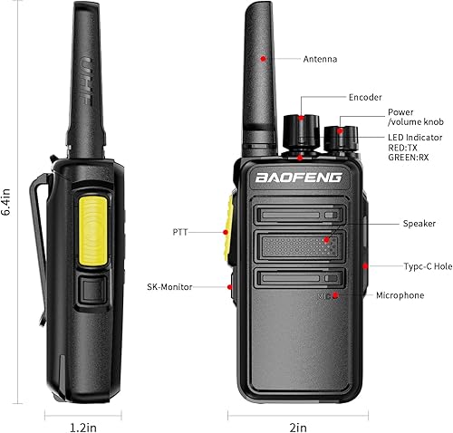 Miniatura 8 de BAOFENG BD-V12B Radio Paquete de 6 Walkie Talkies de largo alcance para adultos, radios bidireccionales FRS portátiles recargables, con cargador