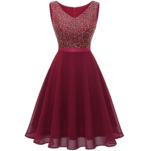 Snapklik.com : Womens V Neck Short Sequin Prom Dress Glitter A-line Swing  Cocktail Party Dresses Knee Length SQ10 Dark Red M
