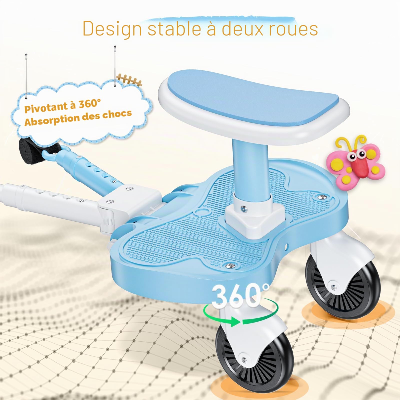 Planche Poussette Universelle Bleu Ciel, Marche Pied Poussette Universelle avec Siège, Compatible 99% des Poussettes, Planche à Roulettes pour Enfants 2-6 Ans (25KG)