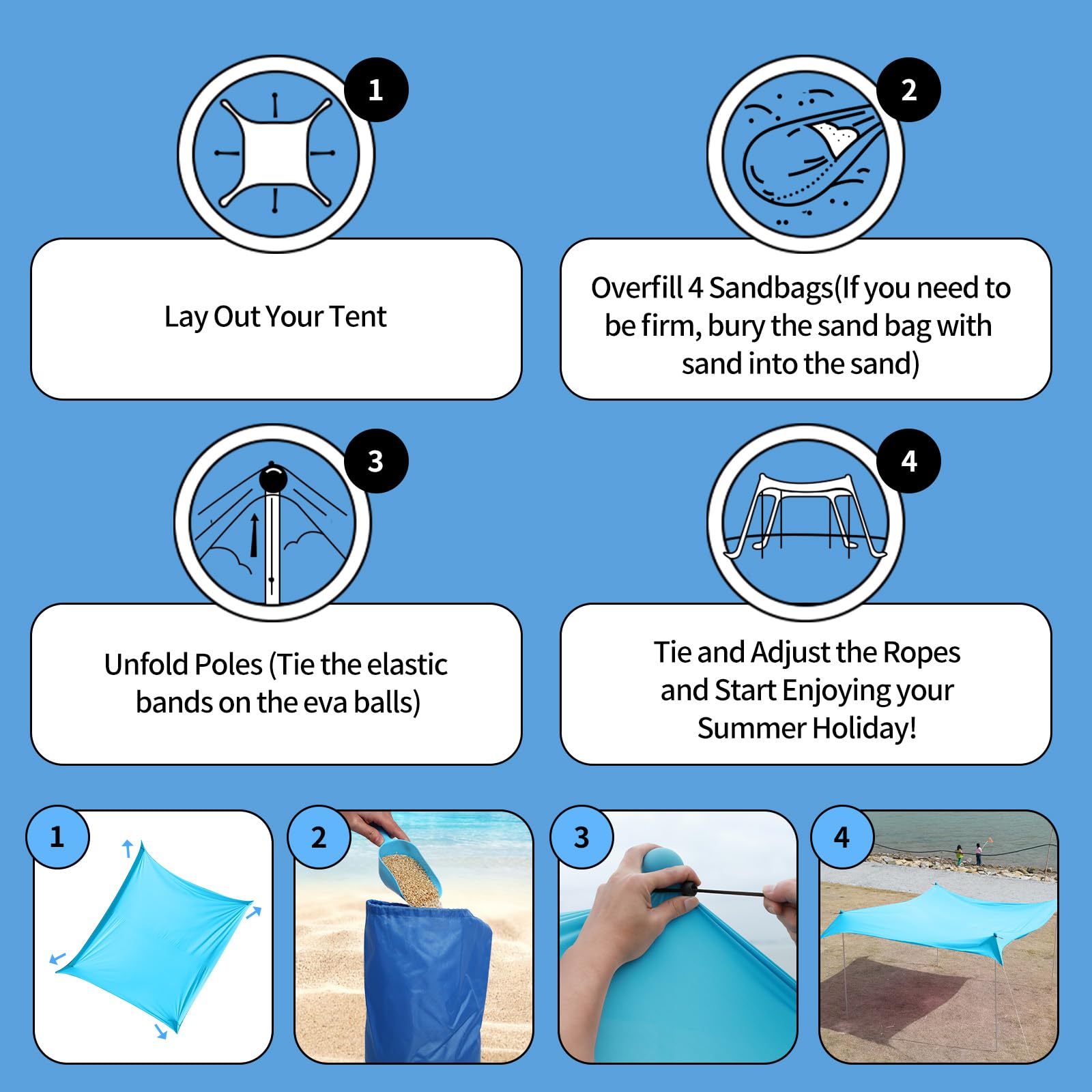 JAICOM Strandzelt, 2.1x2.1m Strandmuschel, UPF50+ UV-Schutz und Wasserdicht Sonnensegel, Mit Sandschaufel, Aluminiumstange, Heringen, Geeignet für Strand Schatten, Garten, Camping Verwenden