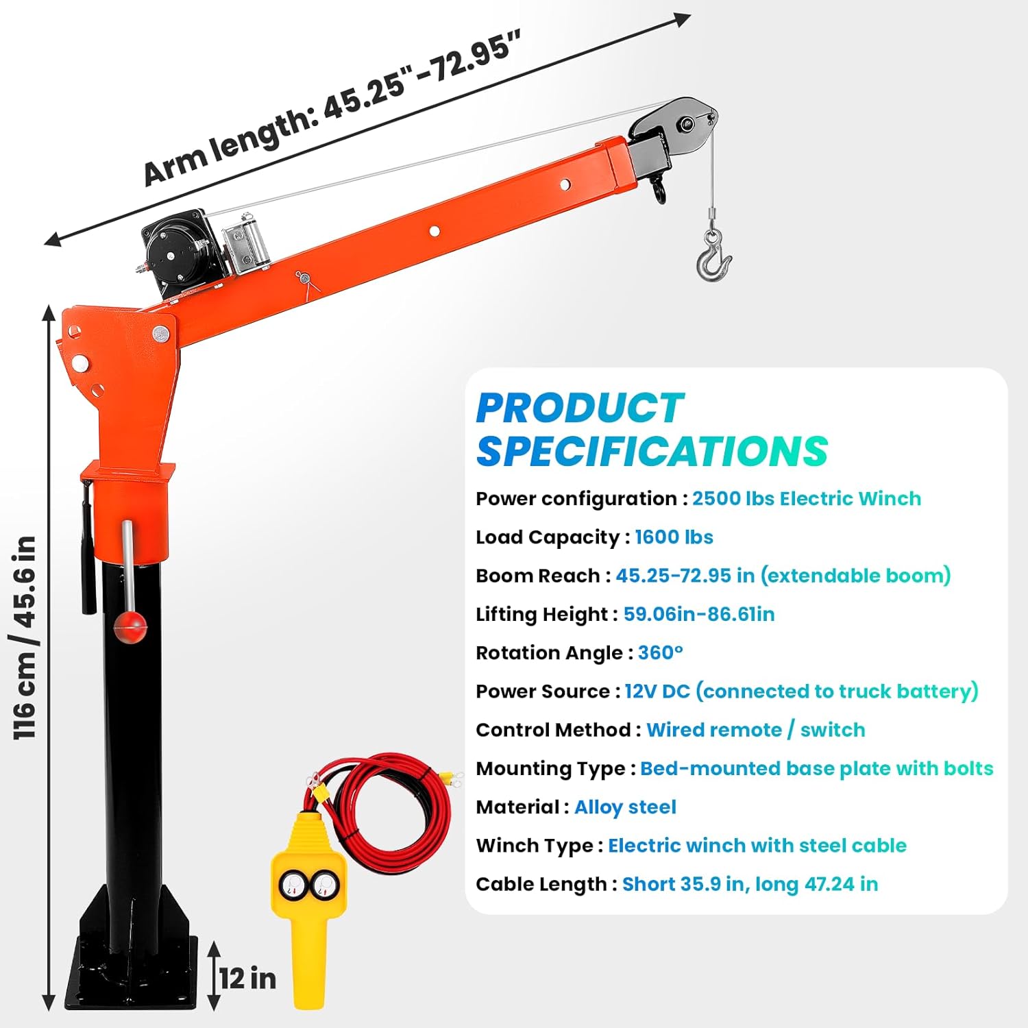 1600 LBS Electric Truck Crane, 3-Stage Telescoping Jib Crane with 2500LBS 12V Electric Winch, Truck Bed Hoist 360° Swivel, Alloy Steel Truck Bed Crane for Pickup Trucks & Workshops