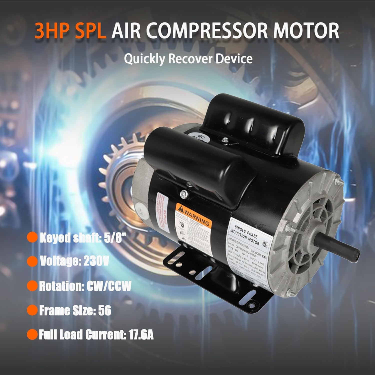 3 HP SPL Air Compressor Motor 60HZ 56 Frame 5/8 Inch Shaft 115/230V 3450RPM Black (Not Standard 3HP Motors)