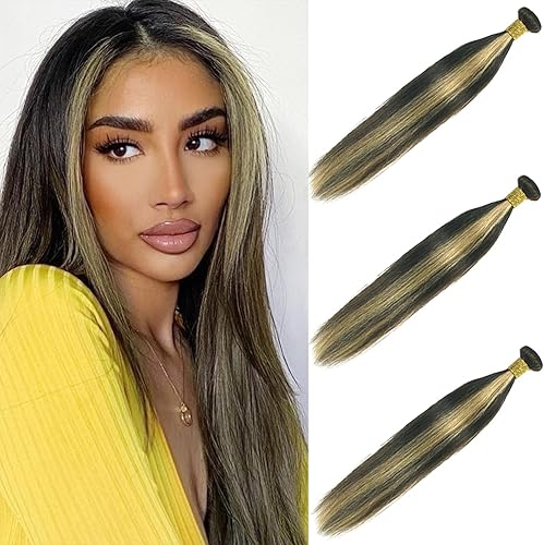 ZLFRJMV Blonde Highlight Bundles Human Hair 22 24 26Inch Honey Blonde Straight B
