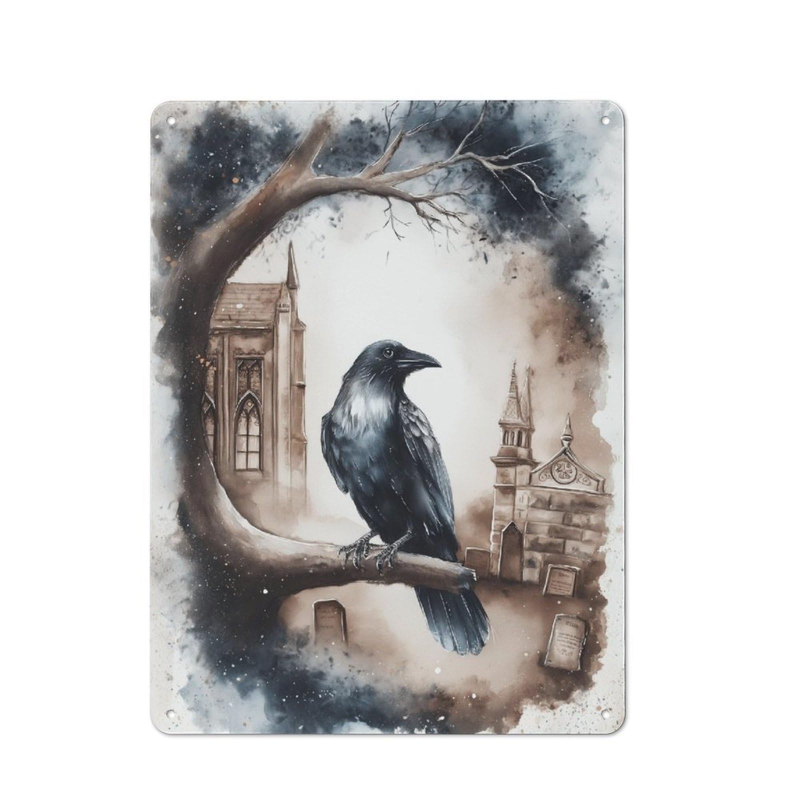 Modern Retro Metal Wall Art Sign 40x30cm Featuring Raven's Gaze Gothic Reverie, Urban Room Decor for Workspace, Cafe, Hallway Or Garage