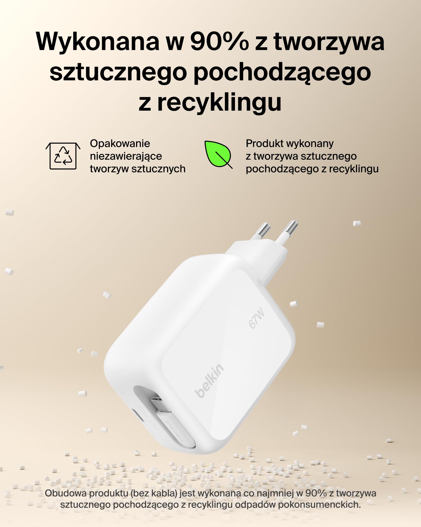 Belkin Ładowarka USB-C 67 W z Wysuwanym Kablem USB-C (1 m) i Portem USB C – Ładowarka GaN, Szybkie Ładowanie Urządzeń iPhone Serii 17 i 16, Galaxy Serii S26, AirPods, MacBook, Chromebook i Tabletów