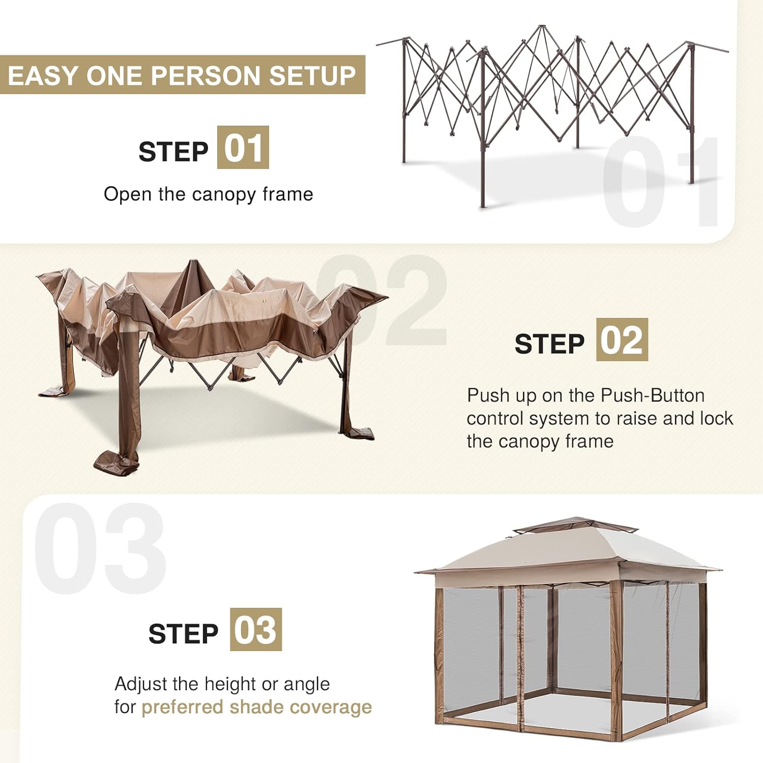 EAGLE PEAK 11x11 Pop Up Gazebo with Mesh Netting, Easy Up Screened Canopy for Patio and Backyard, Easy Set up Outdoor Gazebo (Tan)