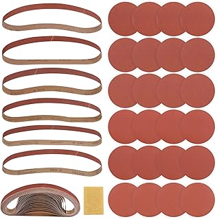 Rustark 49Pcs 1 x 30 Inch Sanding Belts and 5 Inch Sanding Discs Assortment kit 60/80/120/150/240/400 Grits Aluminum Oxide Sanding Belt Set 80/100/120/180/240/400 Grits Sanding Disc W Cleaning Eraser