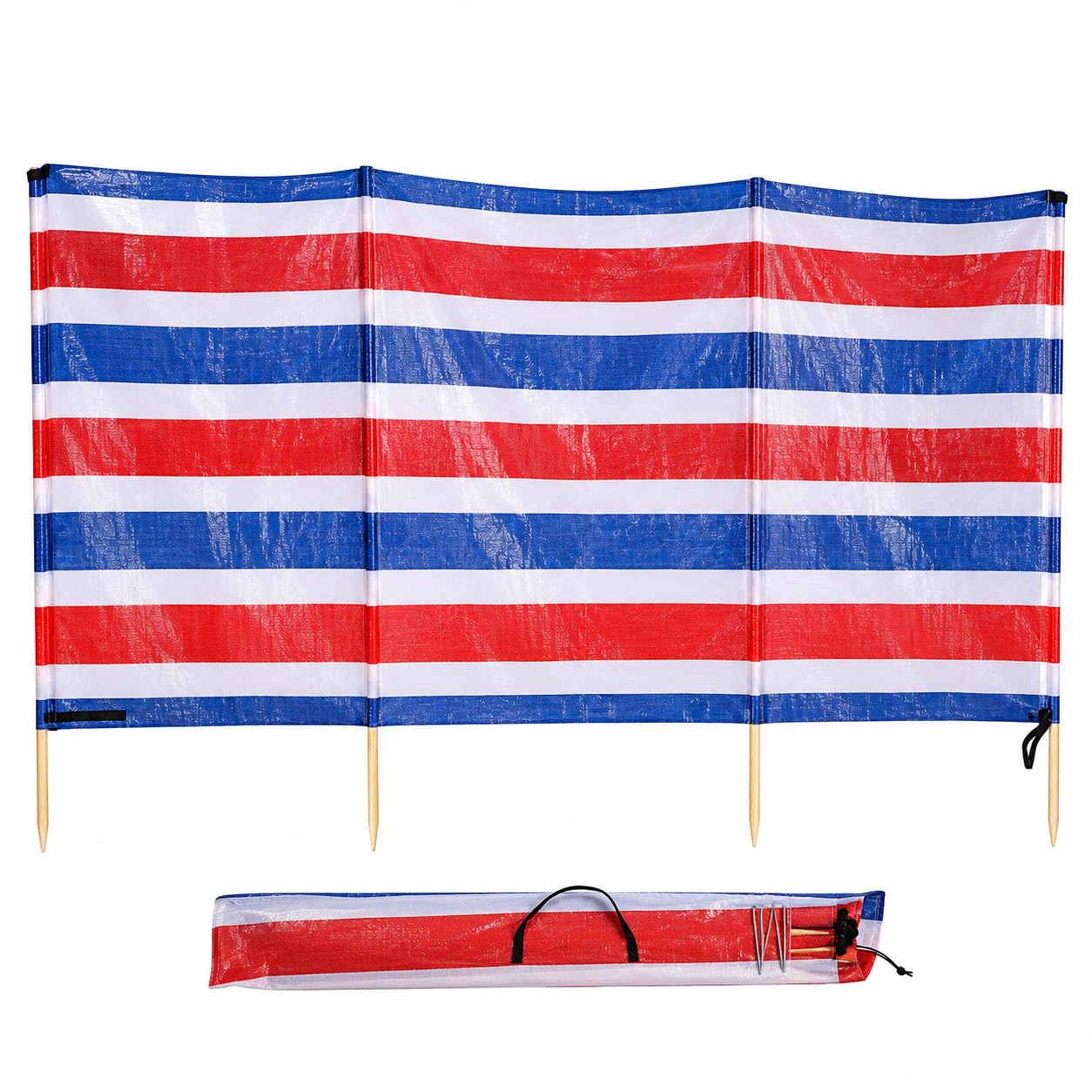 FAHD TRADERS Beach & Camping Windbreak | Wooden Pole Wind Break with 4, 5 or 6 Poles | Heavy Duty Wind, Sand & Privacy Shelter | Portable Outdoor Windbreaker for Beach, Camping, Garden & Picnic