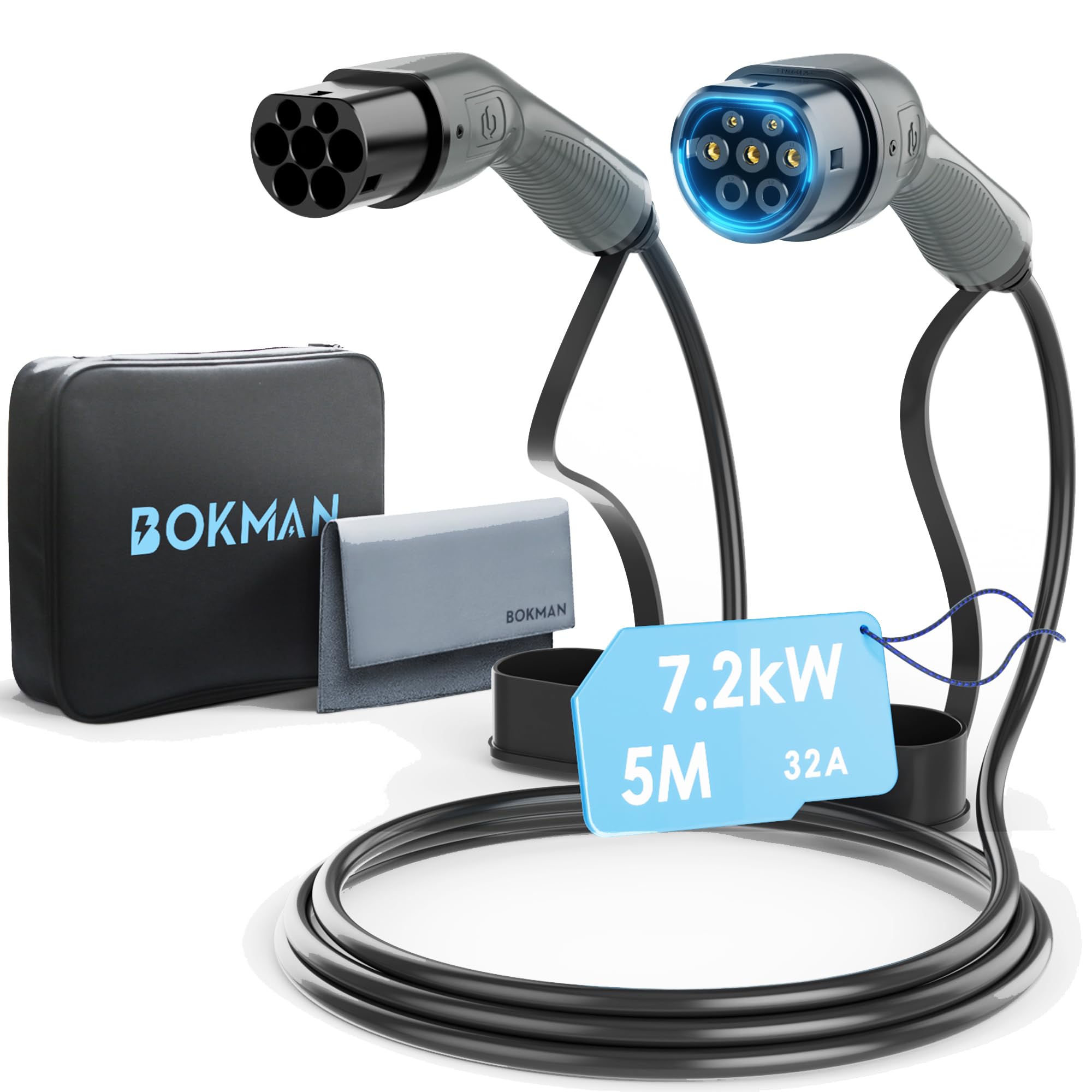 Type 2 EV Charging Cable, Mode 3 / 32A / 7.2KW / 1 Phase / 5 Meter, Electric Vehicle Car Plug-in Hybrid Type 2 to Type 2 Fast Charging Cable