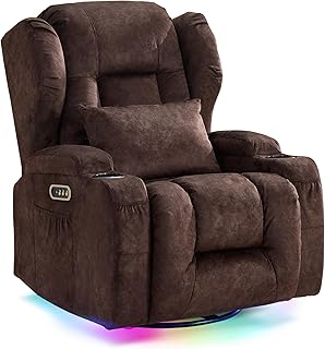 Relaxsessel mit Liegefunktion, Drehbarer Schaukelstuhl Fernsehsessel mit Heizung & Vibrierende Massage, TV Sessel Heimkinositze mit LED-Umgebungslicht, Elektrisch Verstellbar (1, Braun)