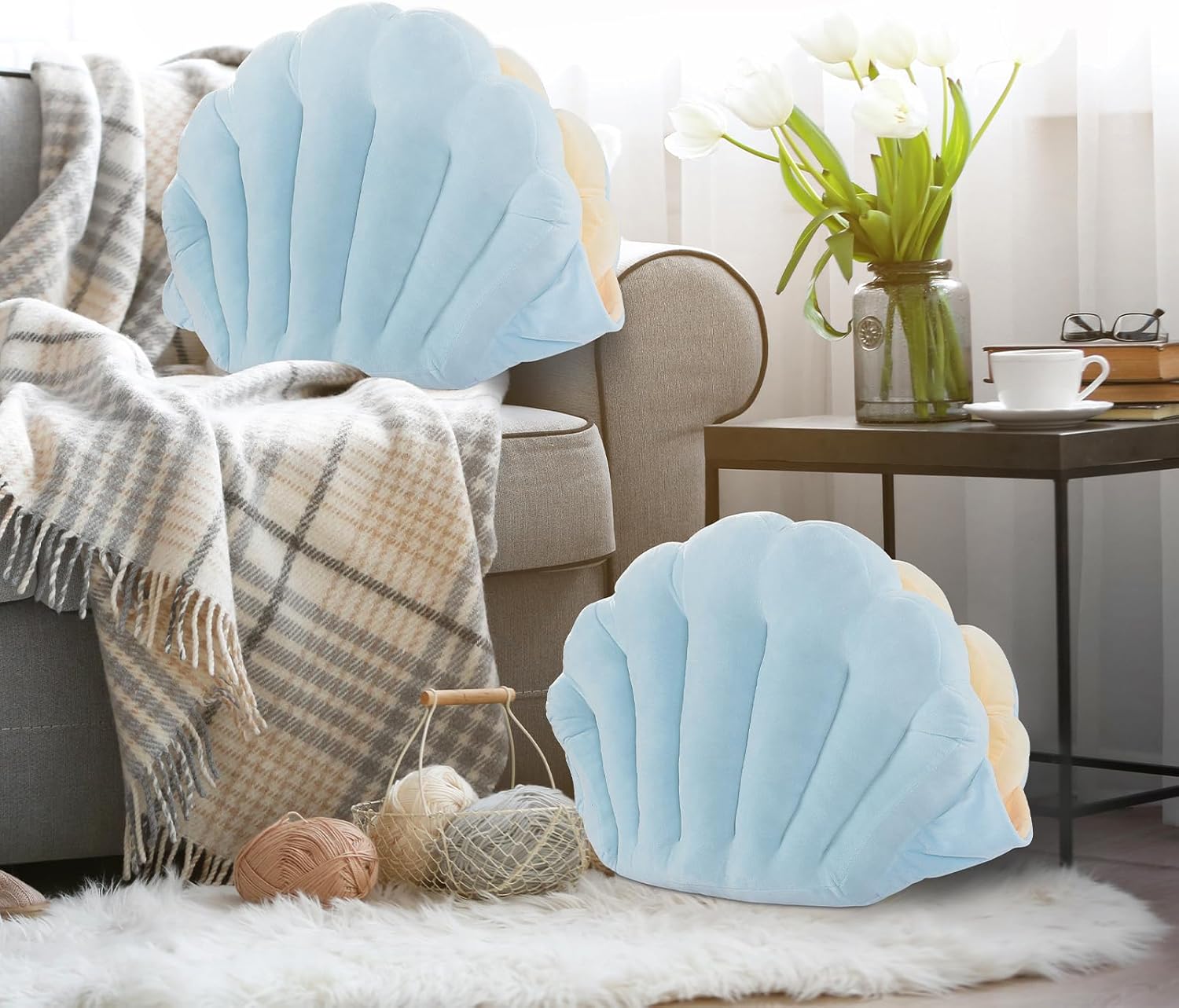 HOMBYS Shell Shaped Seat Cushion with Backrest, Cute Gaming Chair Cushion, Openable Shell Pillow, Throw Pillow & Decorative Pillow for Bed, Couch & Sofa, Ocean Theme Seashell Home Decor, (Blue)