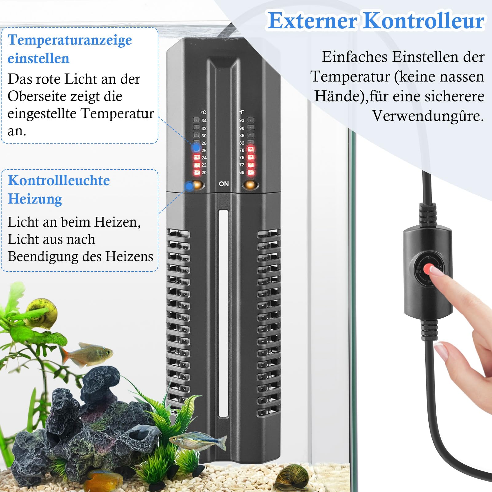 FEDOUR 600W Doppelrohr Aquarienheizer, Stabile Aquarium Heizstab mit Schutzkoffer, Einstellbarer Heizer für 300-540L Süß-/Salzwasser