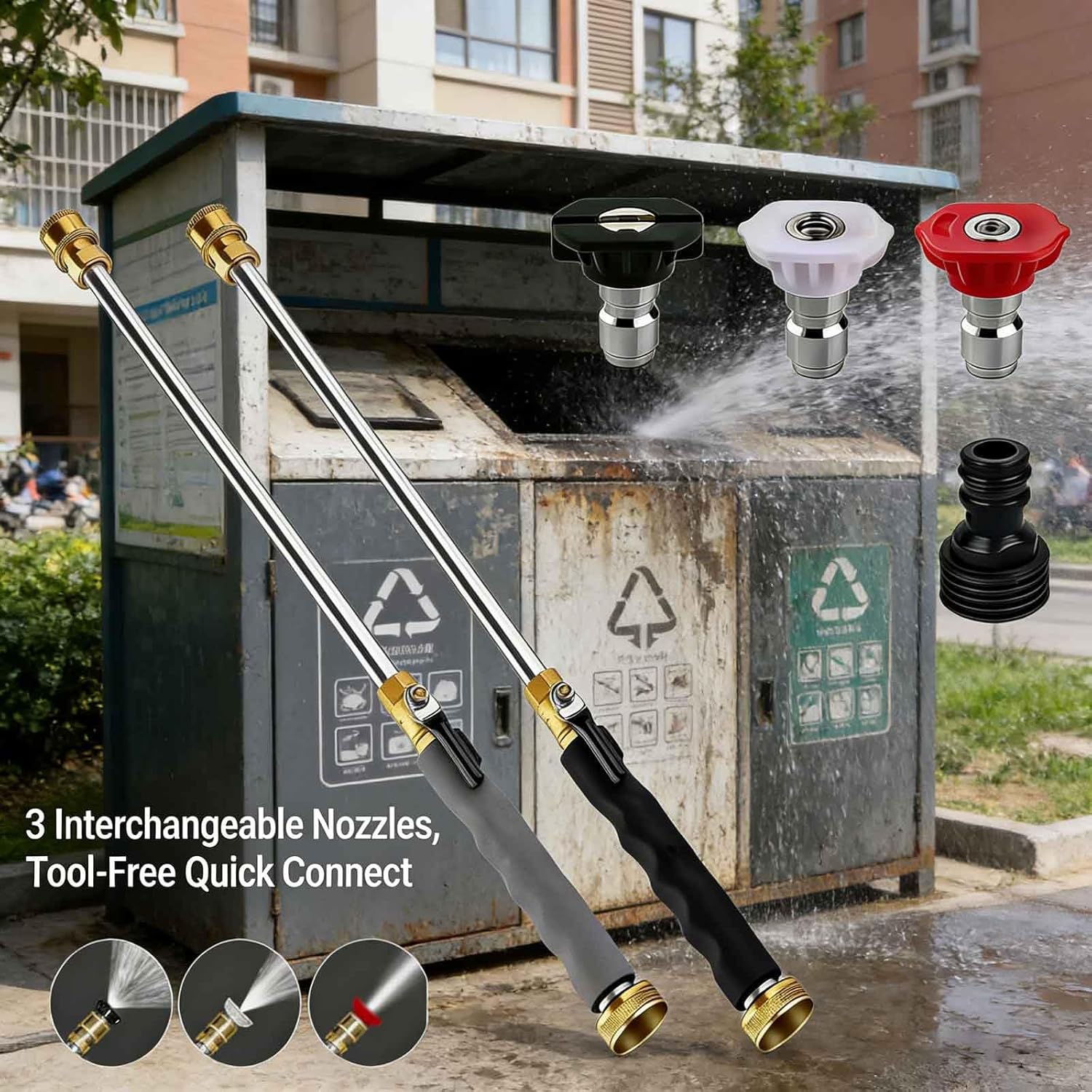 Garden Hose Jet Power Washer Nozzle, 3 Interchangeable Nozzles Universal Quick Connect for Car Washing Patio Cleaning (Black and gray)