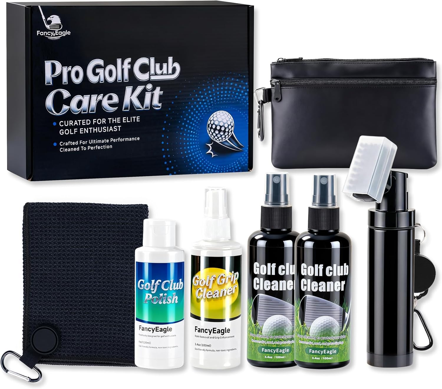 Golf Club Cleaning Kit with Club Cleaner, Grip Cleaner, Polish, Brush, Magnetic Golf Towel & Leather Bag | Restores Clubs, Removes Rust & Scratches, Renews Grip Tackiness, Premium Gifts for Golfers