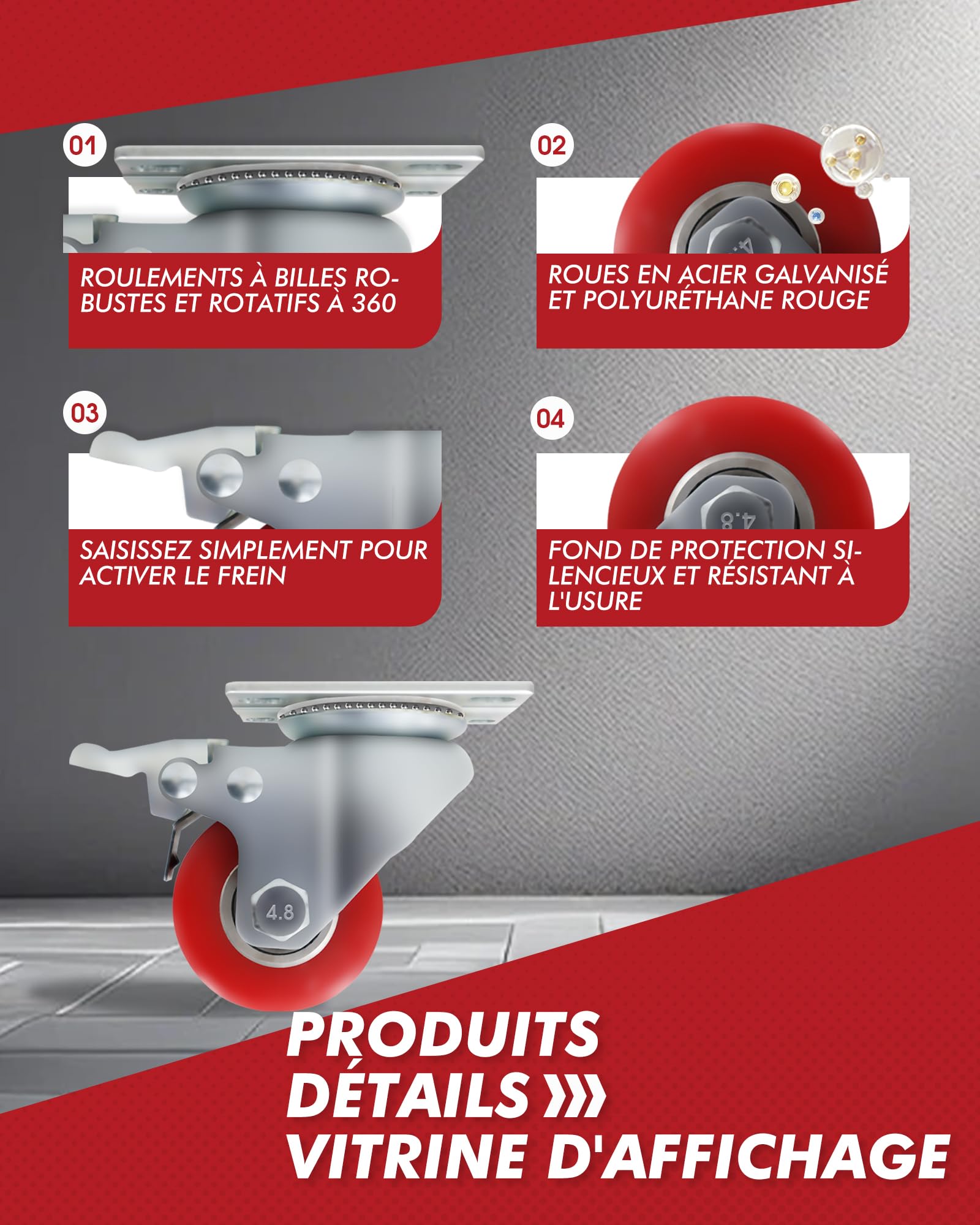 Lot de 4 roulettes industrielles de 50 mm, 1000 kg, silencieuses, plaque en polyuréthane, roulettes pivotantes avec frein, étrier en acier pour transport d’usine et tramway