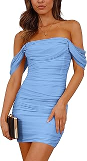 Summer Off Shoulder Dresses for Women 2025 Ruched Mesh Graduation Cocktail Party Bodycon Mini Short Dress - Buy now