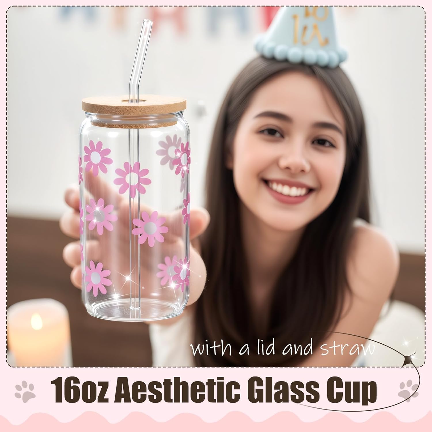 Birthday Gift for Teen Girls, Happy Birthday Box for Girl, Cute Preppy Stuff for Tween Girls, Christmas, Cute Daisy Aesthetic Glass Cups Tumbler Teen Gals Gifts Set 8pcs - Image 3