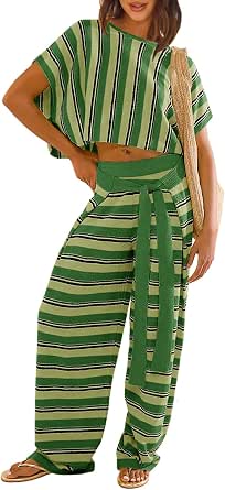 Women's Striped 2-Piece Lounge Set - Henley Shirt & Wide Leg Pants For Vacation, Travel