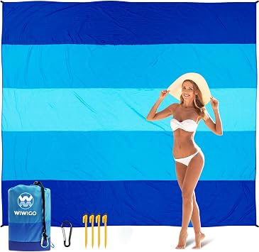 WIWIGO Beach Blanket Sandproof Extra Large Beach Mat Adults Waterproof Quick Drying Sand Free Mat Made by Premium Polyester with 4 Stakes & 4 Corner Pockets for Outdoor Travel Camping Hiking