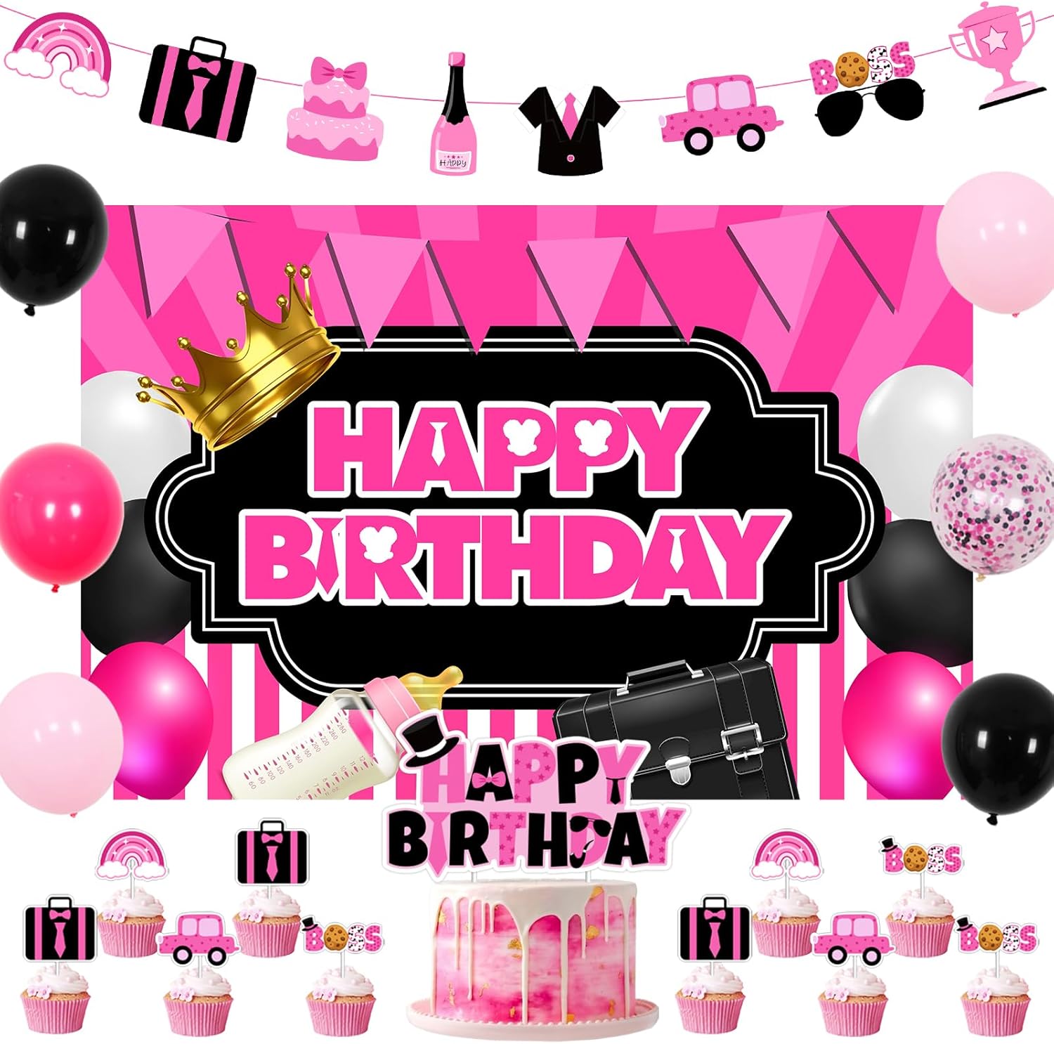 Boss Day Baby Birthday Decorations for Girl: Hot Pink Boss Theme Birthday Decoration Set with Backdrop, Banner, Cake Toppers, Balloons & More