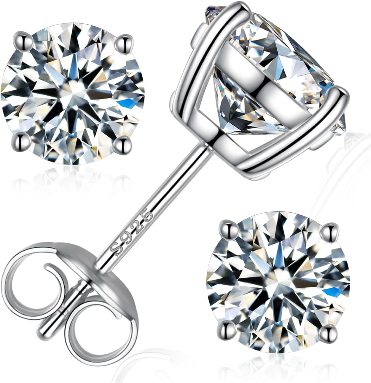 Moissanite Stud Earrings, Round Cut D Color VVS1 Clarity Lab Created Moissanite Earrings Studs 18K White Gold Plated 925 Sterling Silver Jewelry for Women Men